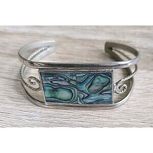 Alpaca Mexican Silver Cuff Bracelet Abalone Inset Open Work Spiral Accents SMALL